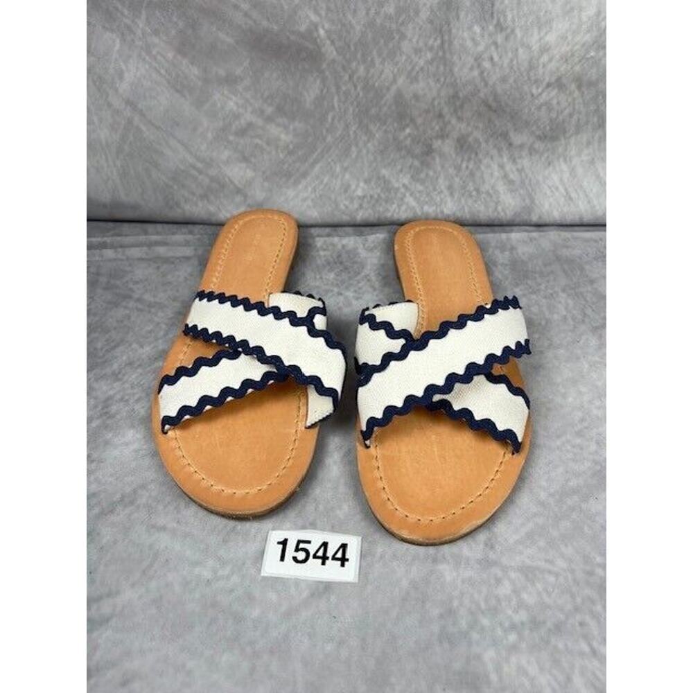 Draper James Women Piper Flat Slide Sandals Size 7 Fabric White and Blue - Picture 2 of 7